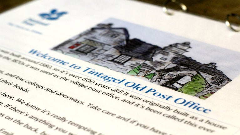 A close up of the family trail at Tintagel Old Post Office, showing text and illustrations.